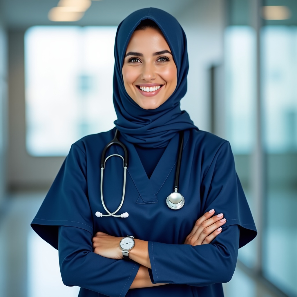 Muslim healthcare professional wearing modest navy scrubs with medical hijab and stethoscope